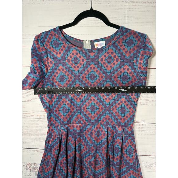 LuLaRoe Dress Women’s Size L Amelia Purple Stretch Geometric Pleated Classy - Picture 4 of 5